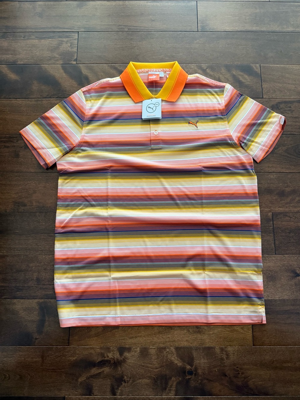 Puma Men’s Orange Striped Polo with Yellow Collar